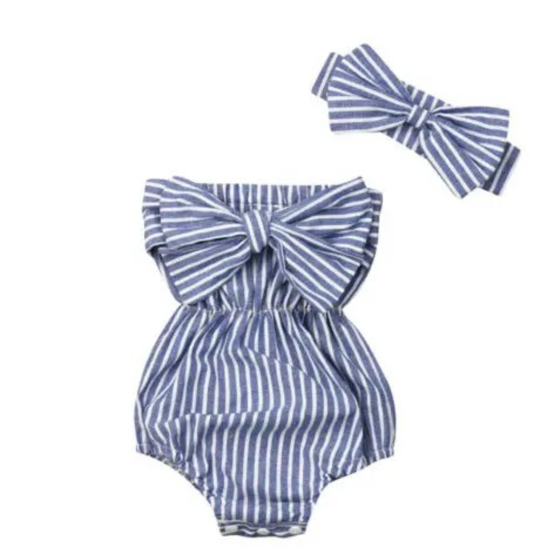 Macacão Listrado Off-Shoulder Fofurisa - Laço Encantado de Verão