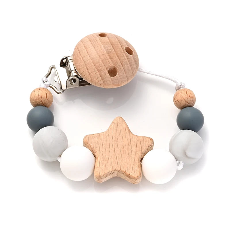 Clipes de Chupeta Fofurisa – Silicone & Madeira com Design Estrelinha