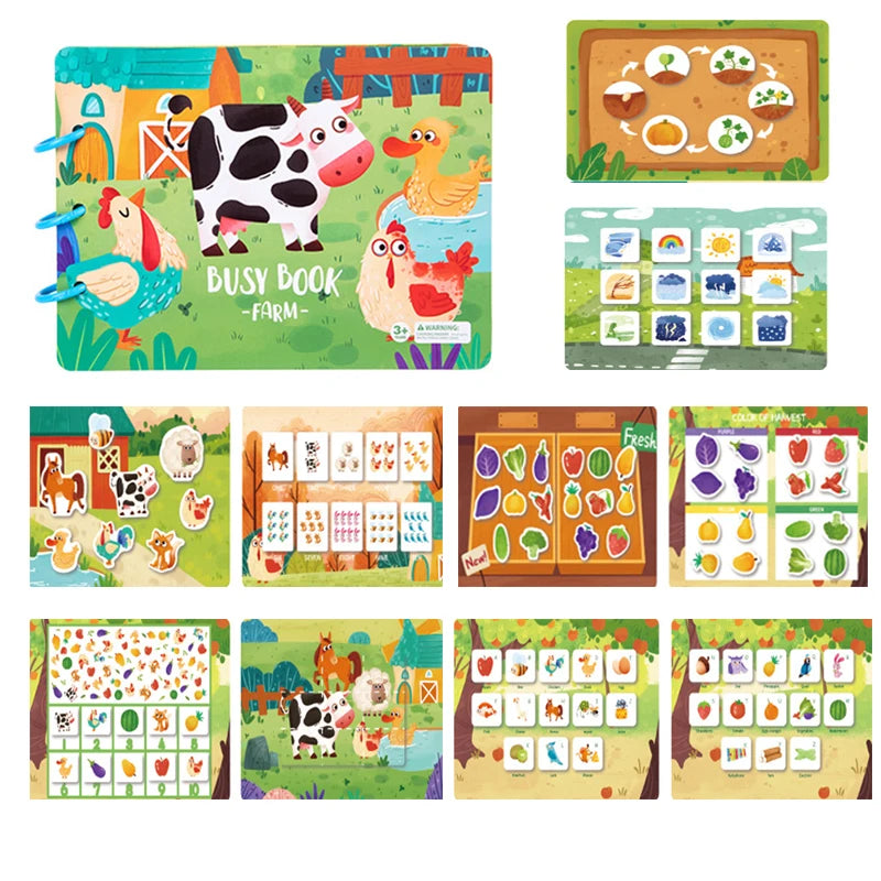 Livro Educativo Montessori "Descobertas Divertidas" – Animais, Números e Quebra-Cabeças para Crianças de 1 a 3 Anos