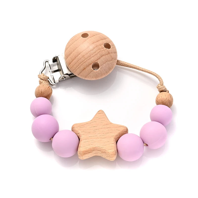 Clipes de Chupeta Fofurisa – Silicone & Madeira com Design Estrelinha