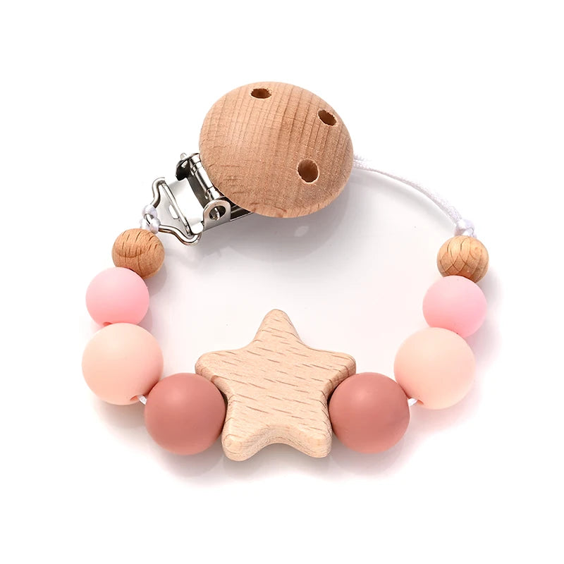 Clipes de Chupeta Fofurisa – Silicone & Madeira com Design Estrelinha
