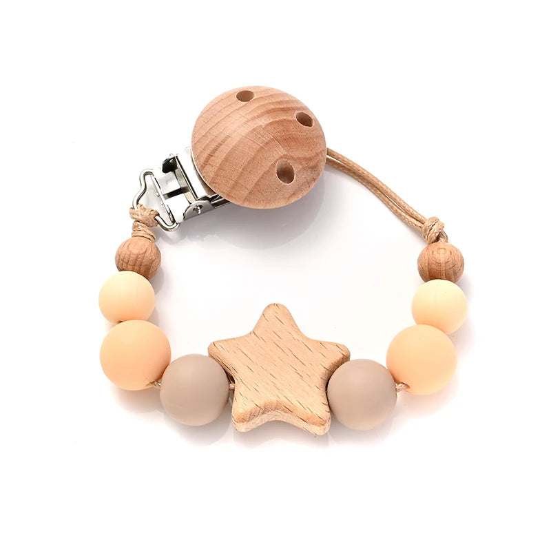 Clipes de Chupeta Fofurisa – Silicone & Madeira com Design Estrelinha