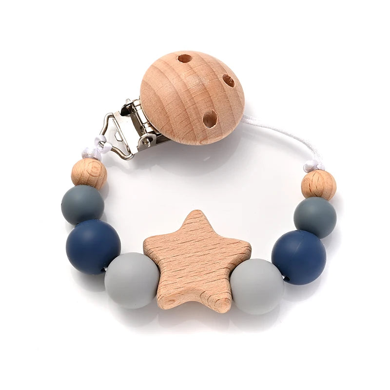 Clipes de Chupeta Fofurisa – Silicone & Madeira com Design Estrelinha