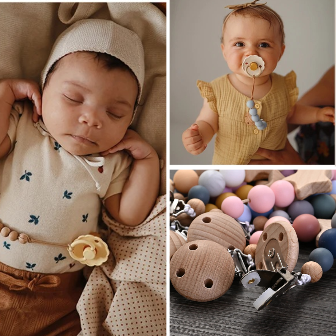 Clipes de Chupeta Fofurisa – Silicone & Madeira com Design Estrelinha