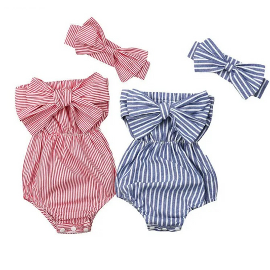 Macacão Listrado Off-Shoulder Fofurisa - Laço Encantado de Verão