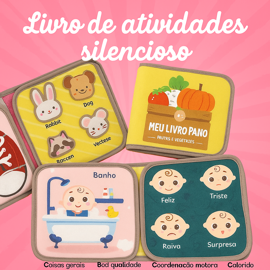 ZooMimos – Livro Sensorial Silencioso de Tecido com Animais Montessori para Bebês 6–12 meses