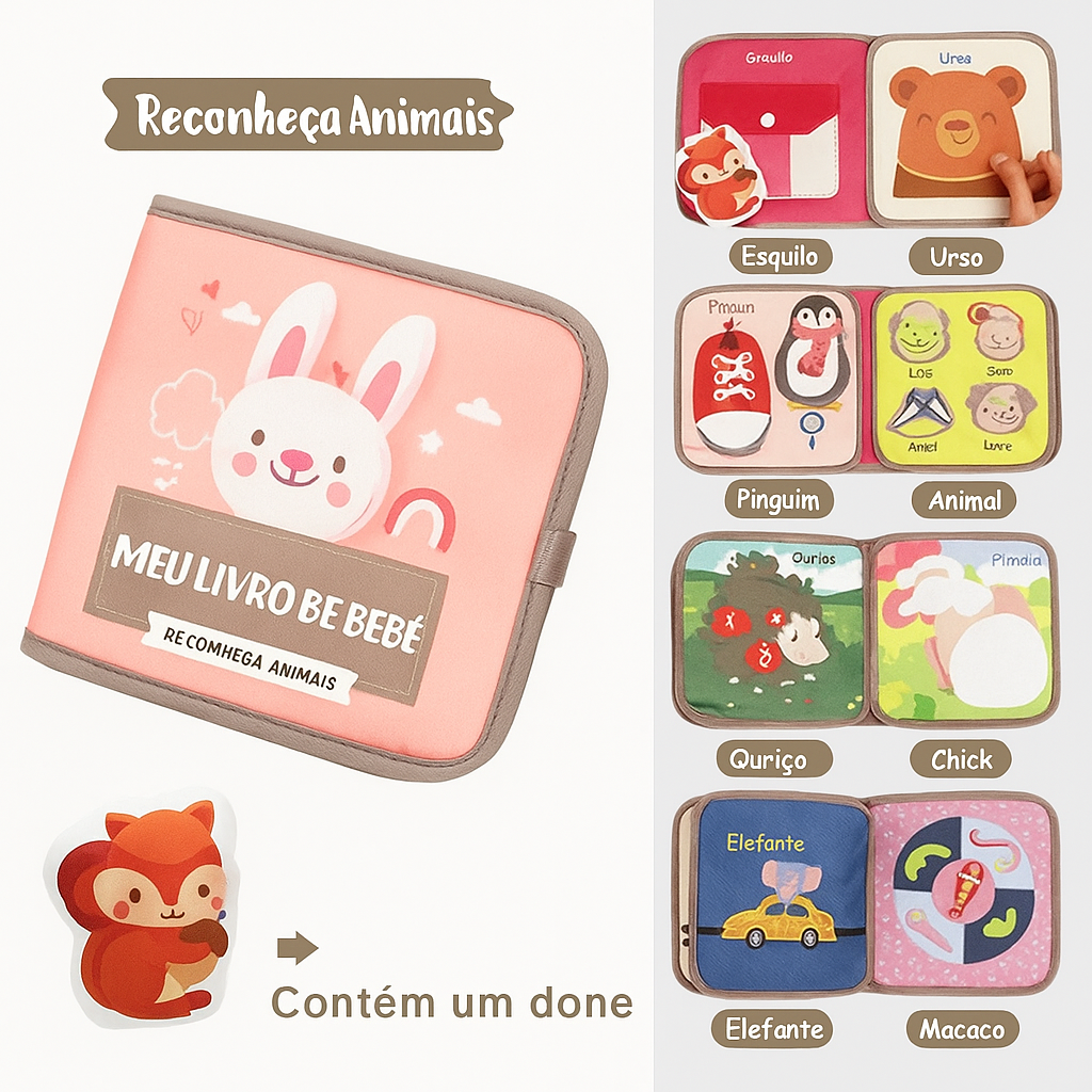 ZooMimos – Livro Sensorial Silencioso de Tecido com Animais Montessori para Bebês 6–12 meses