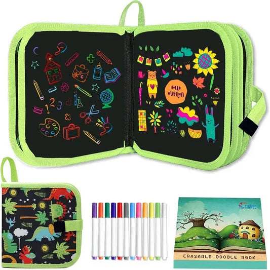 Livro de Desenho Apagável Infantil – Kit com 12 Canetas Coloridas, Jogo Educativo Reutilizável para Viagem e Diversão Criativa