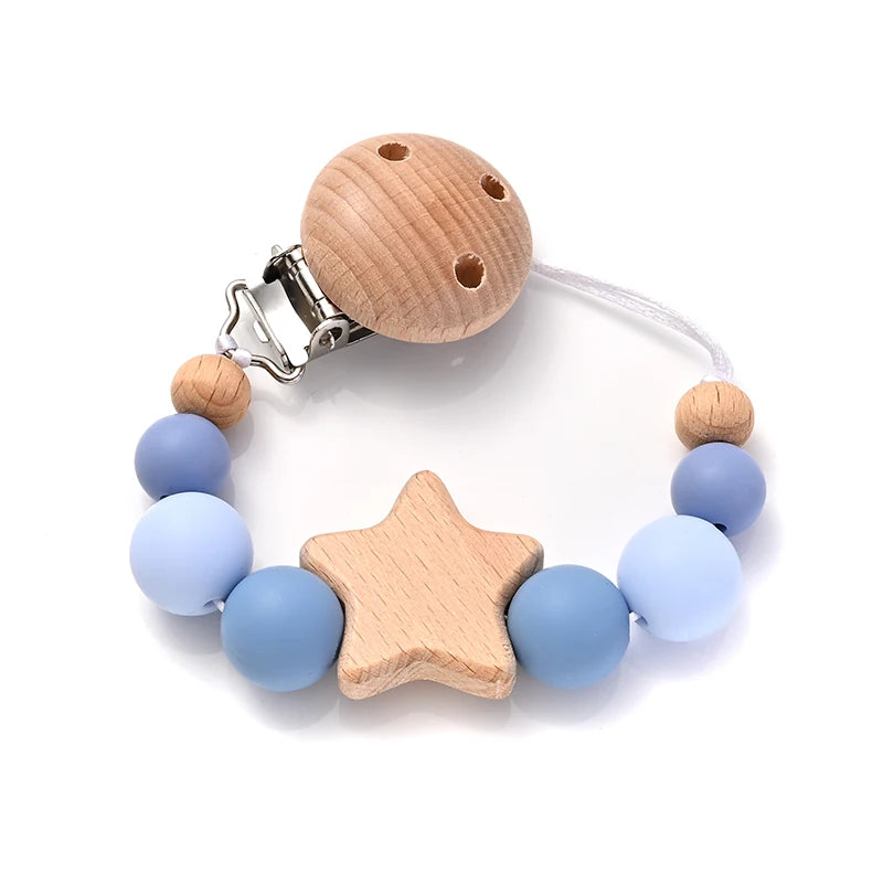 Clipes de Chupeta Fofurisa – Silicone & Madeira com Design Estrelinha